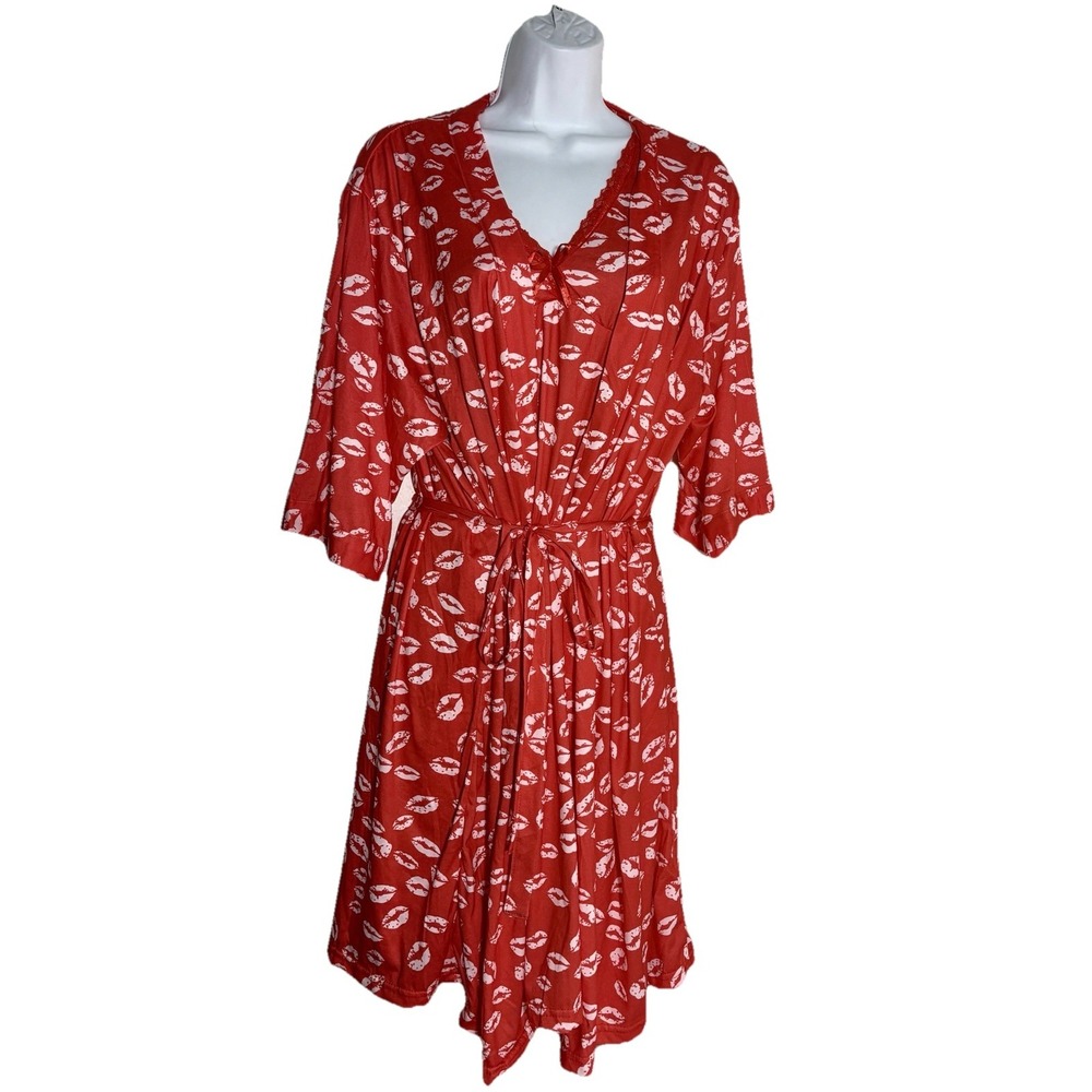 Y2K 2pc Babydoll Gown &Tie Robe LIPS Red & White Above Knee All Over Print XXL